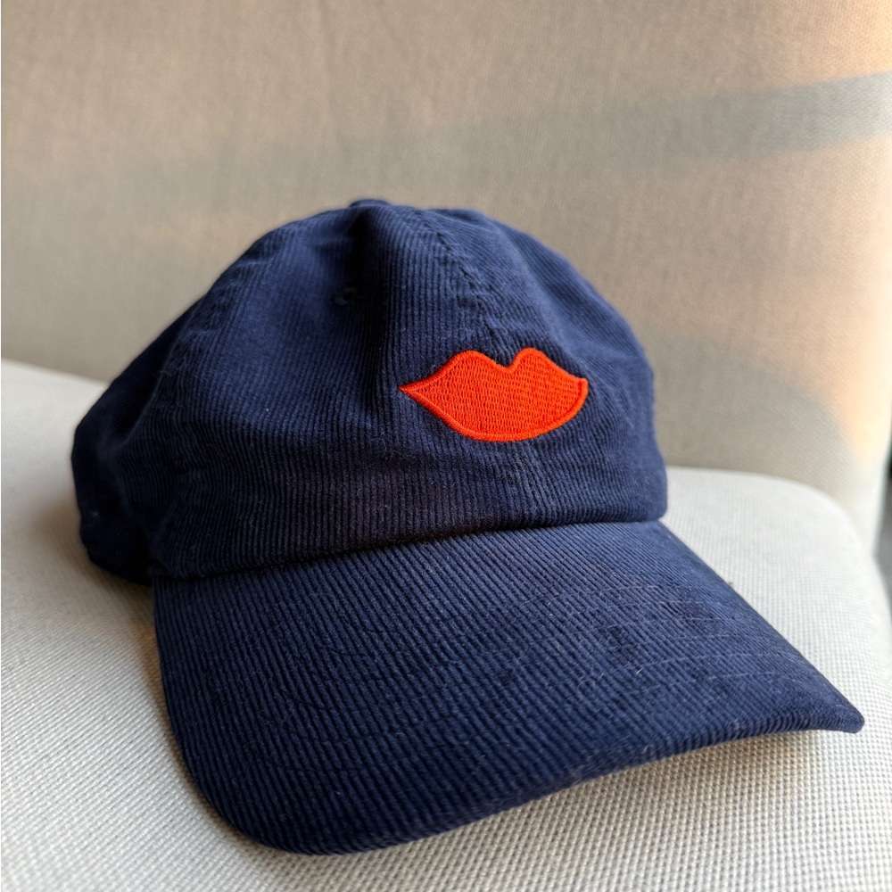 Corduroy Navy Cap with Red Lips Embroidery